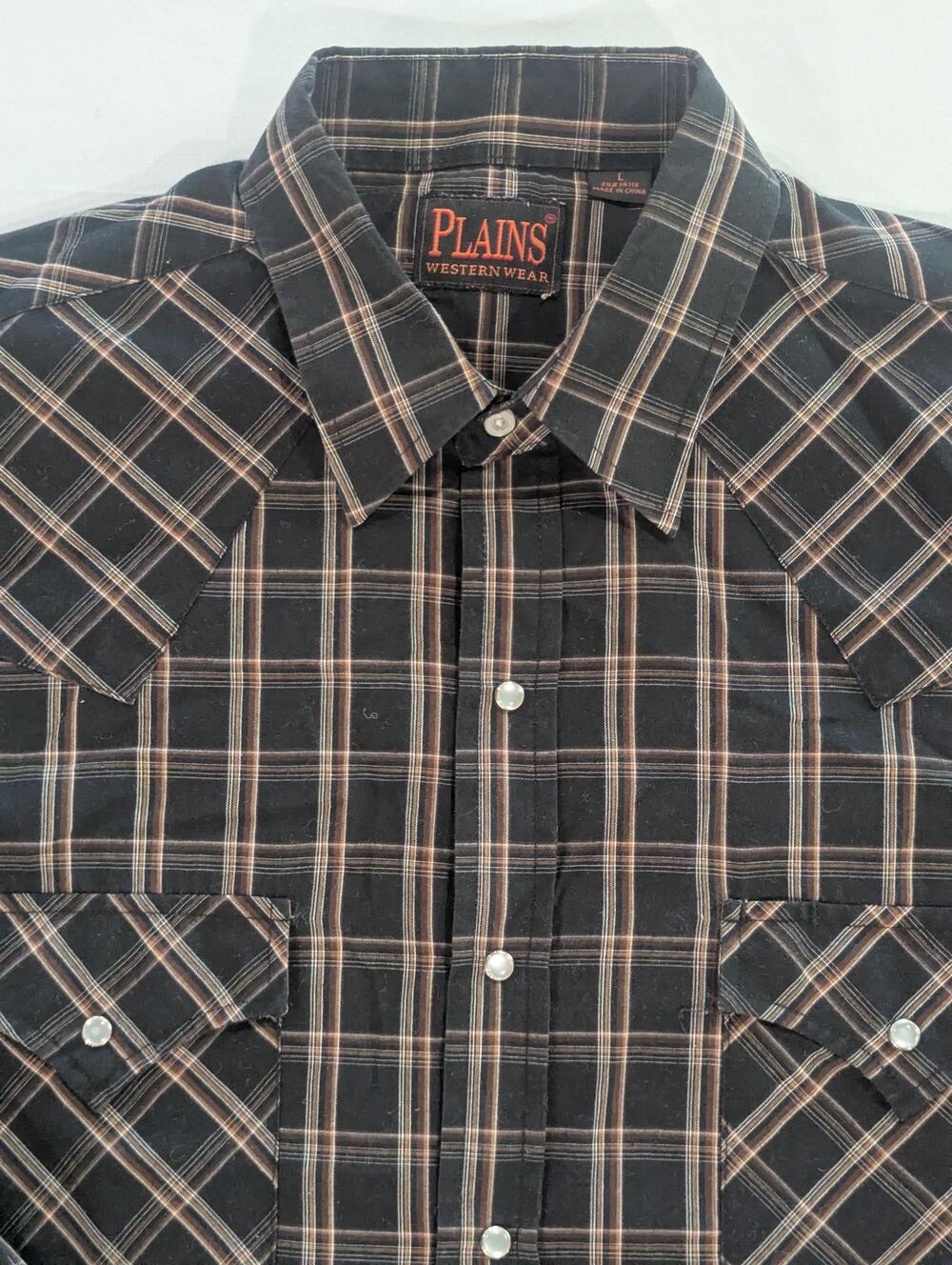 Plains Western Wear Shirt Mens L Black Plaid Long Sleeve Western Pearl Snap